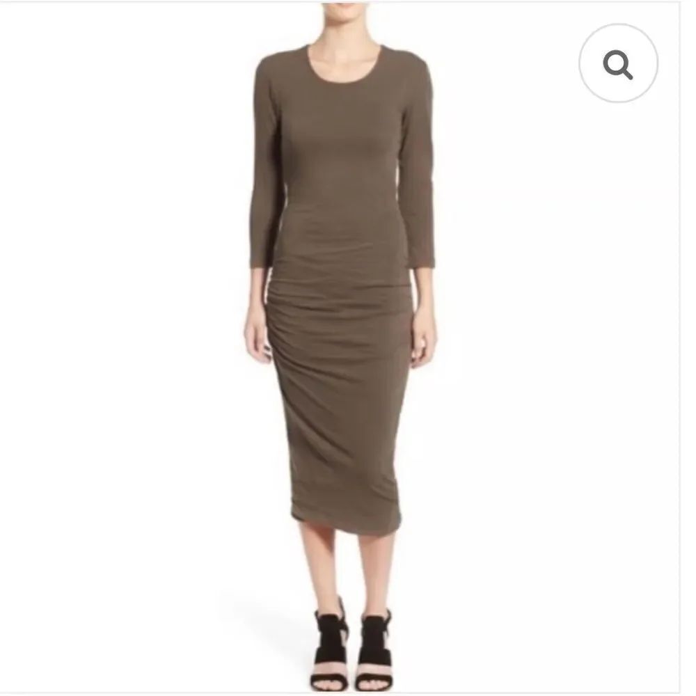 James Perse Midi Dress Bodycon Open Back 3/4 Sleeve Ruched Olive Green Sz L